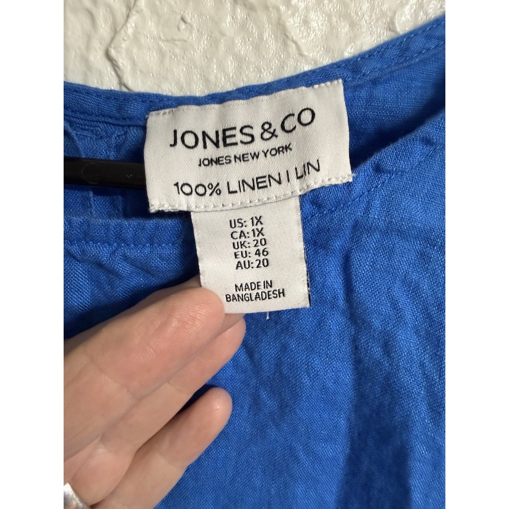 Jones & Co Women Blue 100% Linen Button Back Sleeveless Blouse Top Plus 1X